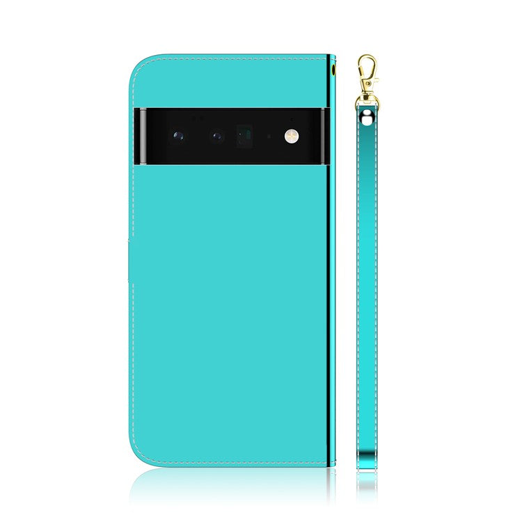 For Google Pixel 6 Durable PU Leather Mirror-like Surface Wallet Stand Phone Cover Shell - Cyan