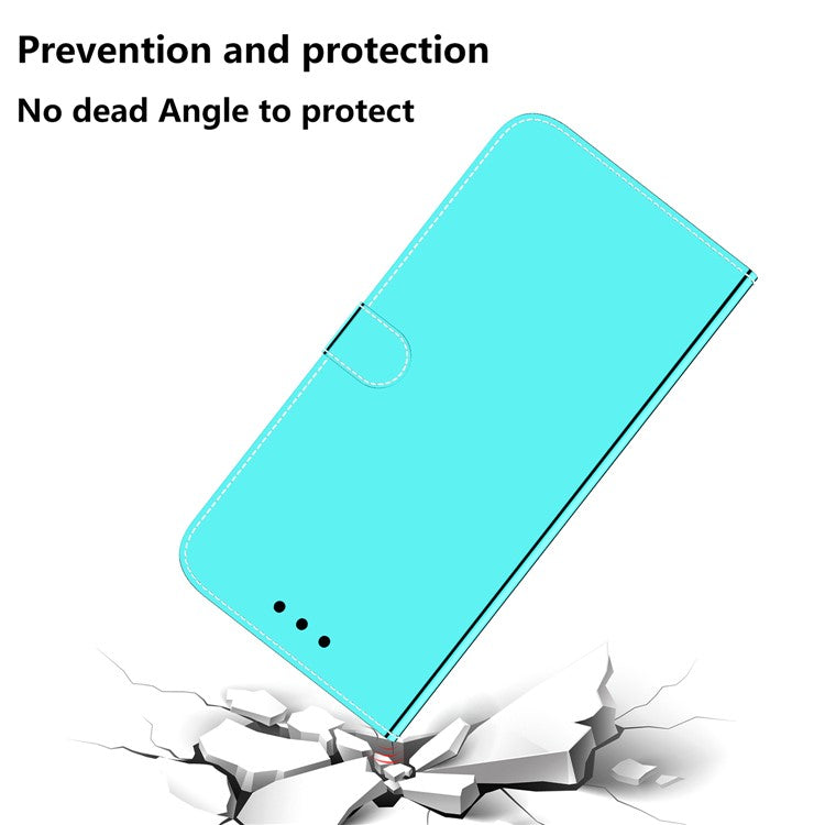 For Google Pixel 6 Durable PU Leather Mirror-like Surface Wallet Stand Phone Cover Shell - Cyan