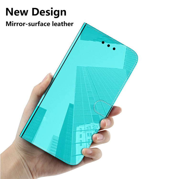 For Google Pixel 6 Durable PU Leather Mirror-like Surface Wallet Stand Phone Cover Shell - Cyan