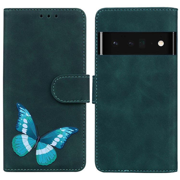 Skin-touch Butterfly Printing PU Leather Magnetic Clasp Flip Phone Case Wallet Cover with Stand for Google Pixel 6 - Green