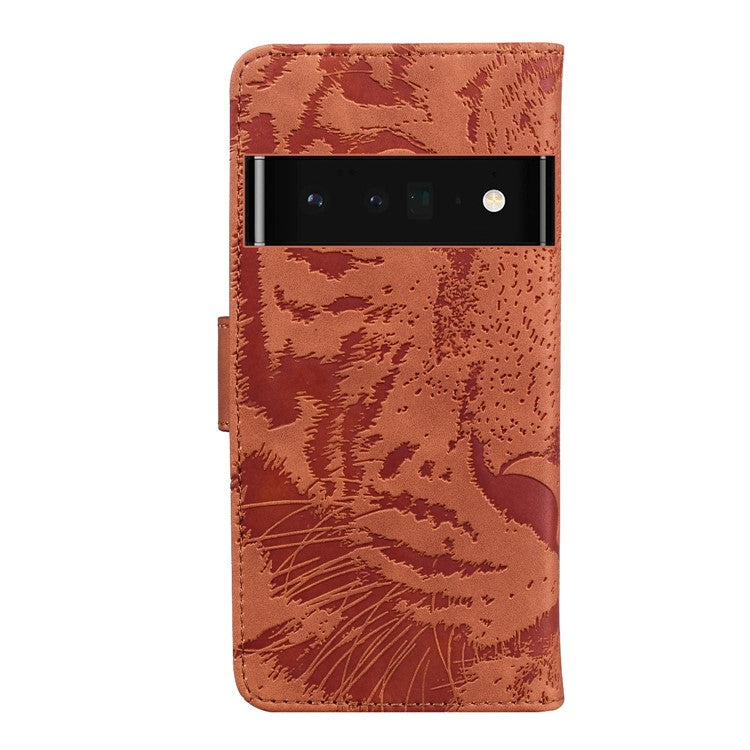 Tiger Imprinted PU Leather Phone Flip Case Cover with Wallet Stand for Google Pixel 6 Pro - Brown