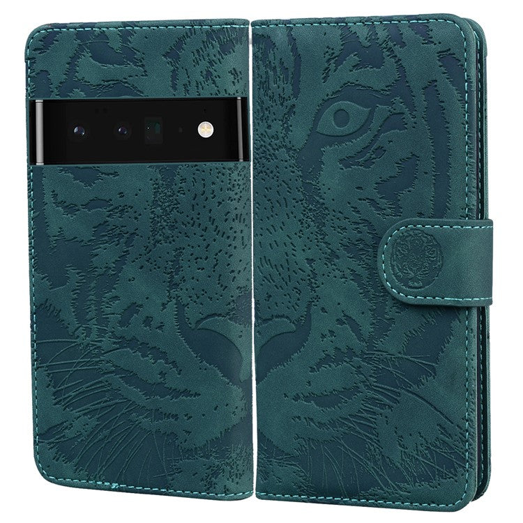 Tiger Imprinted PU Leather Phone Flip Case Cover with Wallet Stand for Google Pixel 6 Pro - Green