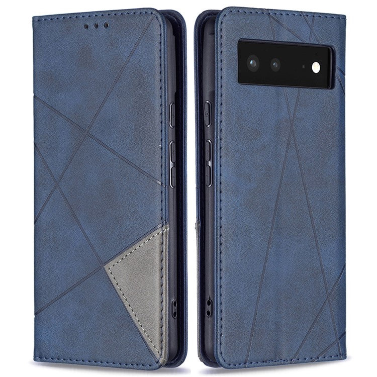 Phone Cover Rhombus-Like Imprinting Card Slots Design Leather Stand Phone Case Cover for Google Pixel 6 - Blue