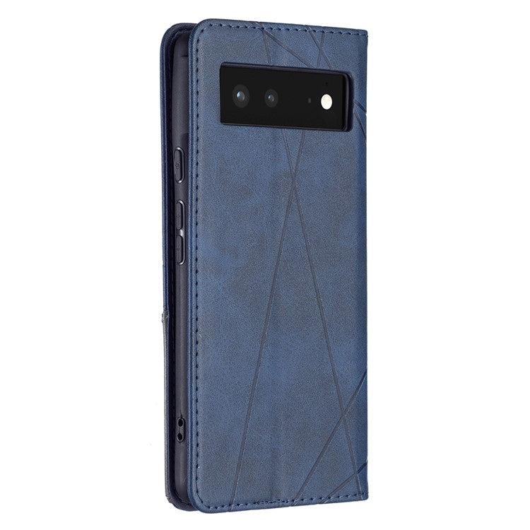 Phone Cover Rhombus-Like Imprinting Card Slots Design Leather Stand Phone Case Cover for Google Pixel 6 - Blue