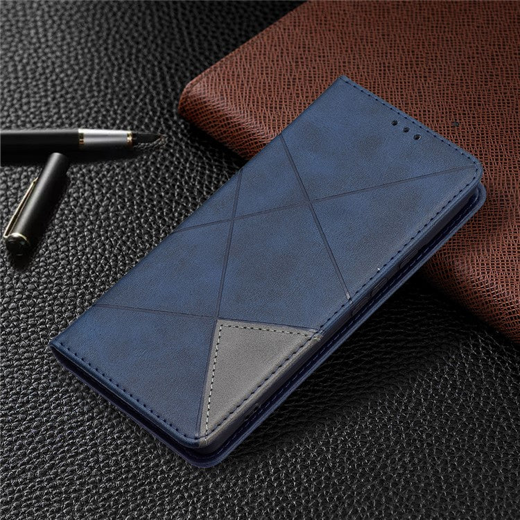 Phone Cover Rhombus-Like Imprinting Card Slots Design Leather Stand Phone Case Cover for Google Pixel 6 - Blue