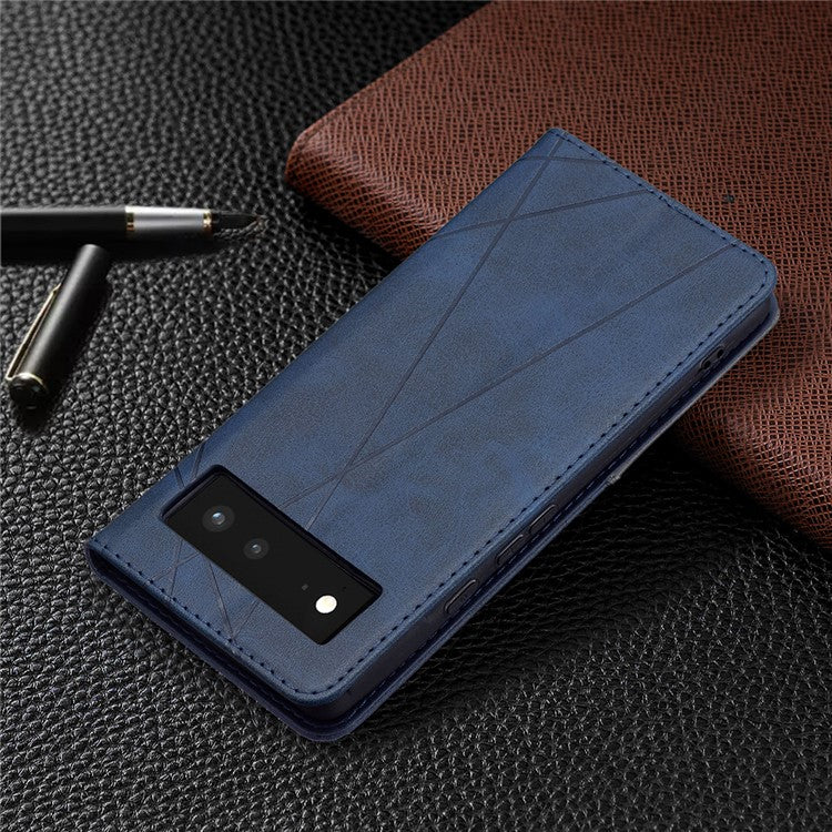 Phone Cover Rhombus-Like Imprinting Card Slots Design Leather Stand Phone Case Cover for Google Pixel 6 - Blue