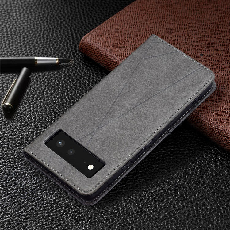 Phone Cover Rhombus-Like Imprinting Card Slots Design Leather Stand Phone Case Cover for Google Pixel 6 - Grey