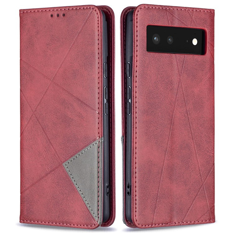 Phone Cover Rhombus-Like Imprinting Card Slots Design Leather Stand Phone Case Cover for Google Pixel 6 - Red