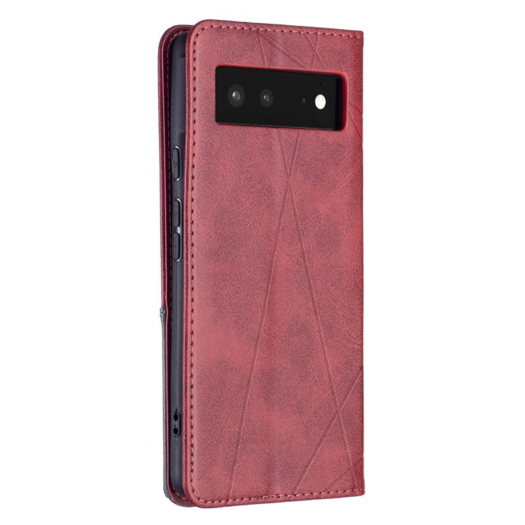 Phone Cover Rhombus-Like Imprinting Card Slots Design Leather Stand Phone Case Cover for Google Pixel 6 - Red