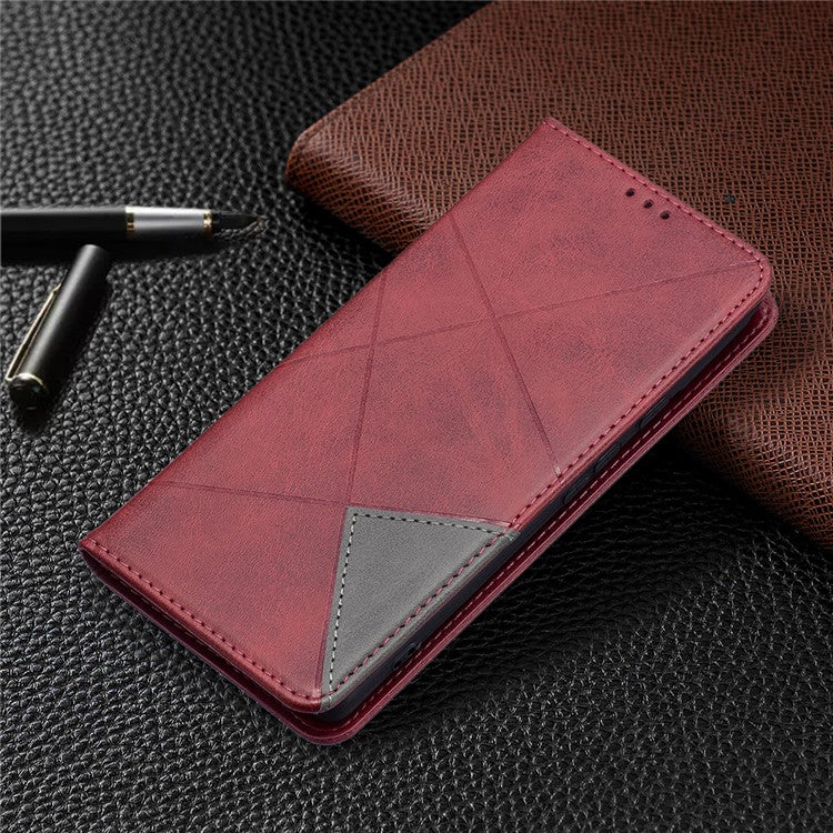 Phone Cover Rhombus-Like Imprinting Card Slots Design Leather Stand Phone Case Cover for Google Pixel 6 - Red