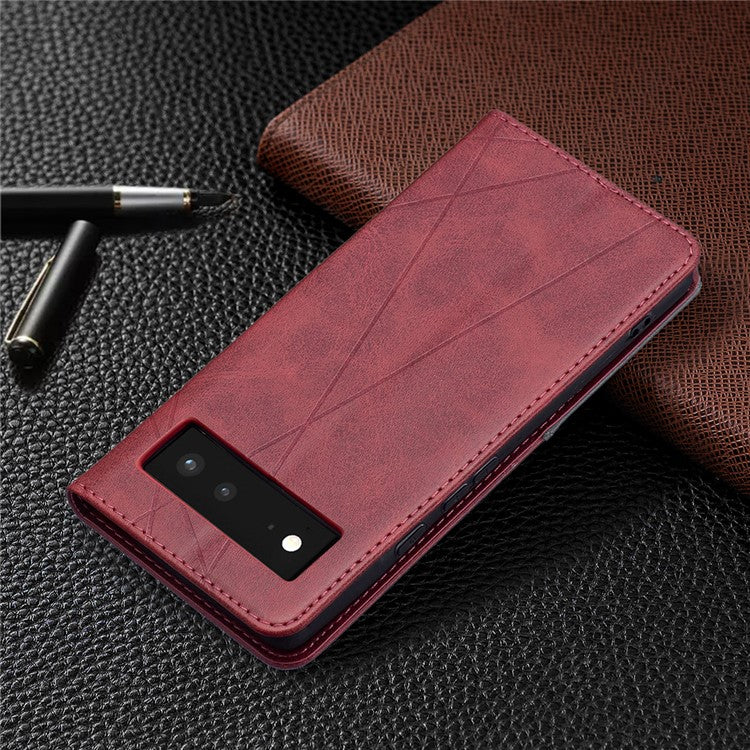 Phone Cover Rhombus-Like Imprinting Card Slots Design Leather Stand Phone Case Cover for Google Pixel 6 - Red