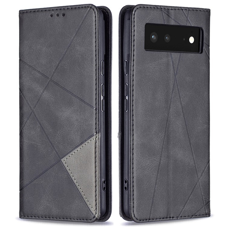 Phone Cover Rhombus-Like Imprinting Card Slots Design Leather Stand Phone Case Cover for Google Pixel 6 - Black