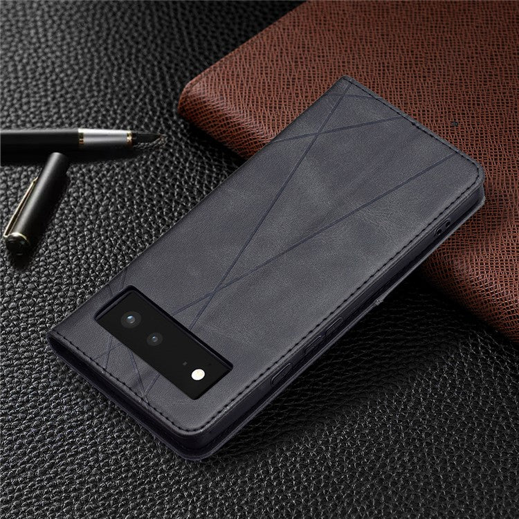 Phone Cover Rhombus-Like Imprinting Card Slots Design Leather Stand Phone Case Cover for Google Pixel 6 - Black