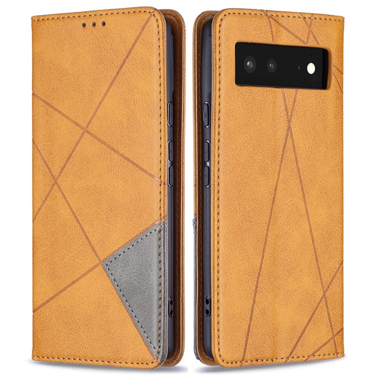 Phone Cover Rhombus-Like Imprinting Card Slots Design Leather Stand Phone Case Cover for Google Pixel 6 - Yellow