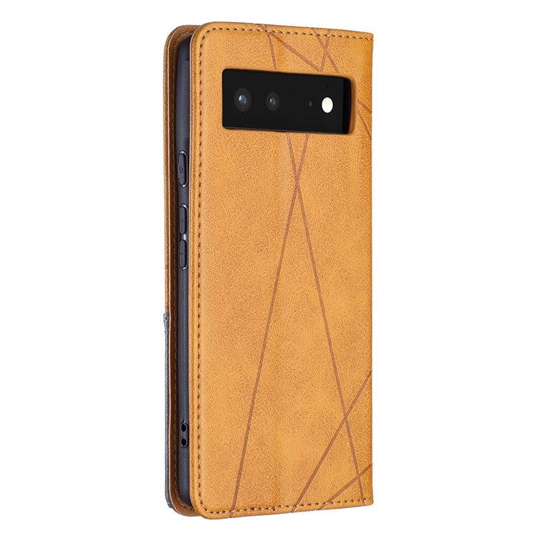 Phone Cover Rhombus-Like Imprinting Card Slots Design Leather Stand Phone Case Cover for Google Pixel 6 - Yellow