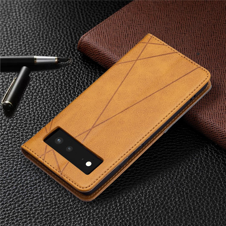 Phone Cover Rhombus-Like Imprinting Card Slots Design Leather Stand Phone Case Cover for Google Pixel 6 - Yellow