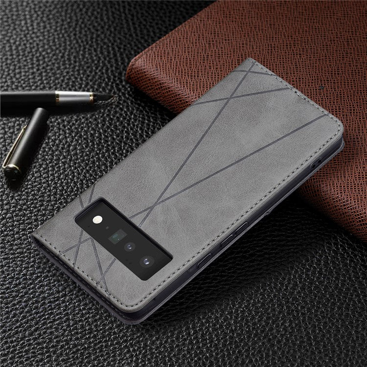 Shockproof Imprinting Pattern Design Flip Phone Shell Built-in Card Slots Design Leather Stand Phone Case Cover for Google Pixel 6 Pro - Grey