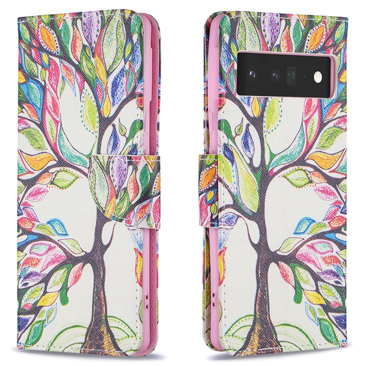 Pattern Printing PU Leather Wallet Case Magnetic Closure Shockproof TPU Inner Flip Stand Cover for Google Pixel 6 Pro - Life Tree