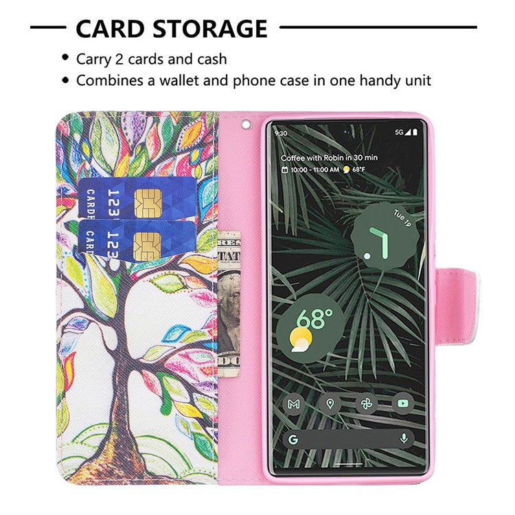 Pattern Printing PU Leather Wallet Case Magnetic Closure Shockproof TPU Inner Flip Stand Cover for Google Pixel 6 Pro - Life Tree