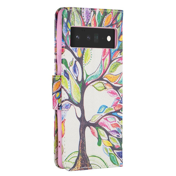 Pattern Printing PU Leather Wallet Case Magnetic Closure Shockproof TPU Inner Flip Stand Cover for Google Pixel 6 Pro - Life Tree