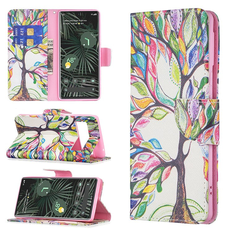 Pattern Printing PU Leather Wallet Case Magnetic Closure Shockproof TPU Inner Flip Stand Cover for Google Pixel 6 Pro - Life Tree