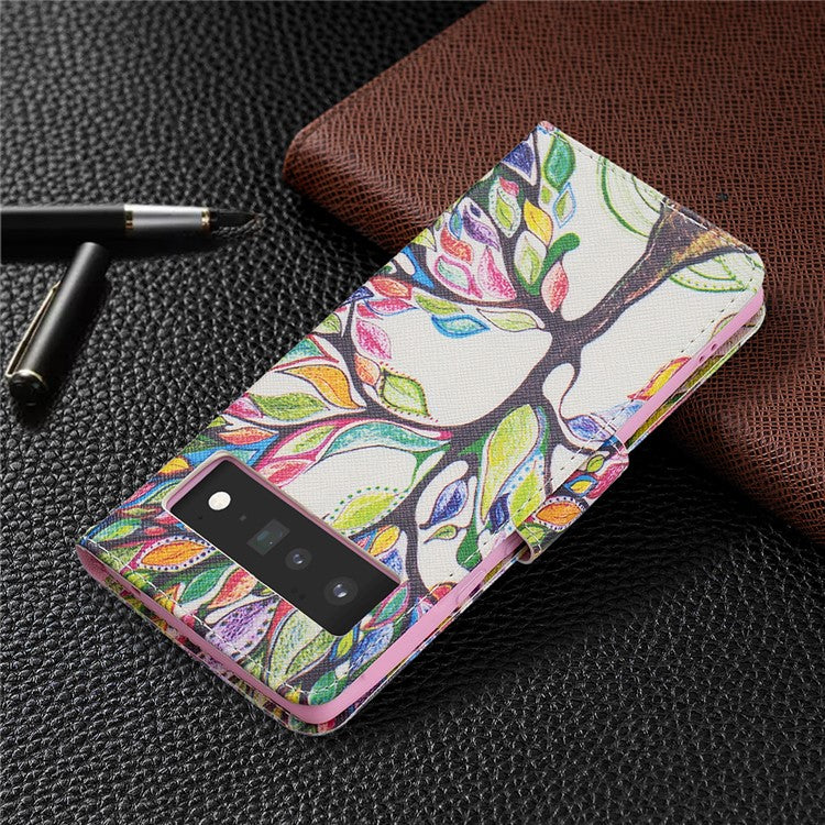 Pattern Printing PU Leather Wallet Case Magnetic Closure Shockproof TPU Inner Flip Stand Cover for Google Pixel 6 Pro - Life Tree