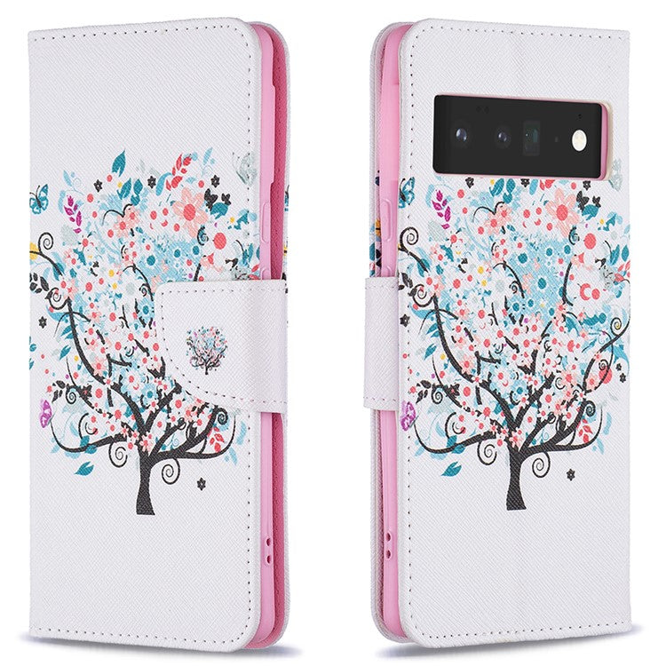 Pattern Printing PU Leather Wallet Case Magnetic Closure Shockproof TPU Inner Flip Stand Cover for Google Pixel 6 Pro - Flower Tree