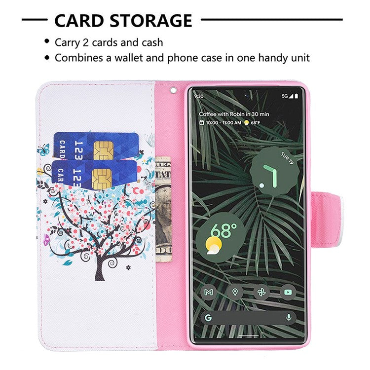 Pattern Printing PU Leather Wallet Case Magnetic Closure Shockproof TPU Inner Flip Stand Cover for Google Pixel 6 Pro - Flower Tree