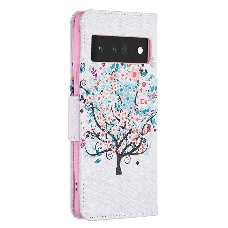 Pattern Printing PU Leather Wallet Case Magnetic Closure Shockproof TPU Inner Flip Stand Cover for Google Pixel 6 Pro - Flower Tree