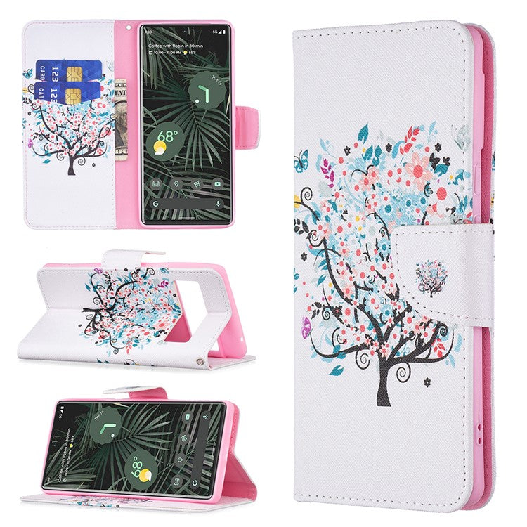 Pattern Printing PU Leather Wallet Case Magnetic Closure Shockproof TPU Inner Flip Stand Cover for Google Pixel 6 Pro - Flower Tree