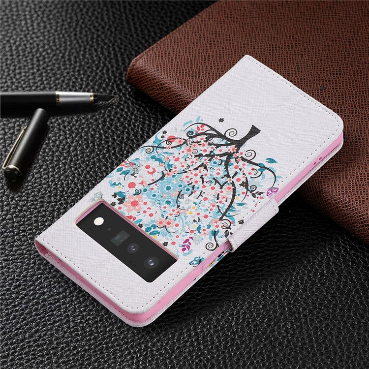 Pattern Printing PU Leather Wallet Case Magnetic Closure Shockproof TPU Inner Flip Stand Cover for Google Pixel 6 Pro - Flower Tree