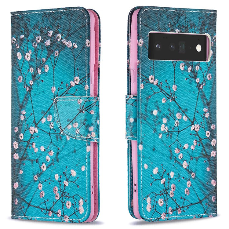 Pattern Printing PU Leather Wallet Case Magnetic Closure Shockproof TPU Inner Flip Stand Cover for Google Pixel 6 Pro - Plum Blossom