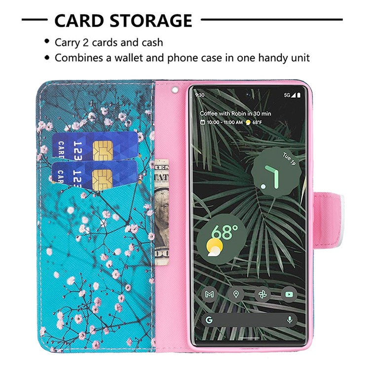 Pattern Printing PU Leather Wallet Case Magnetic Closure Shockproof TPU Inner Flip Stand Cover for Google Pixel 6 Pro - Plum Blossom