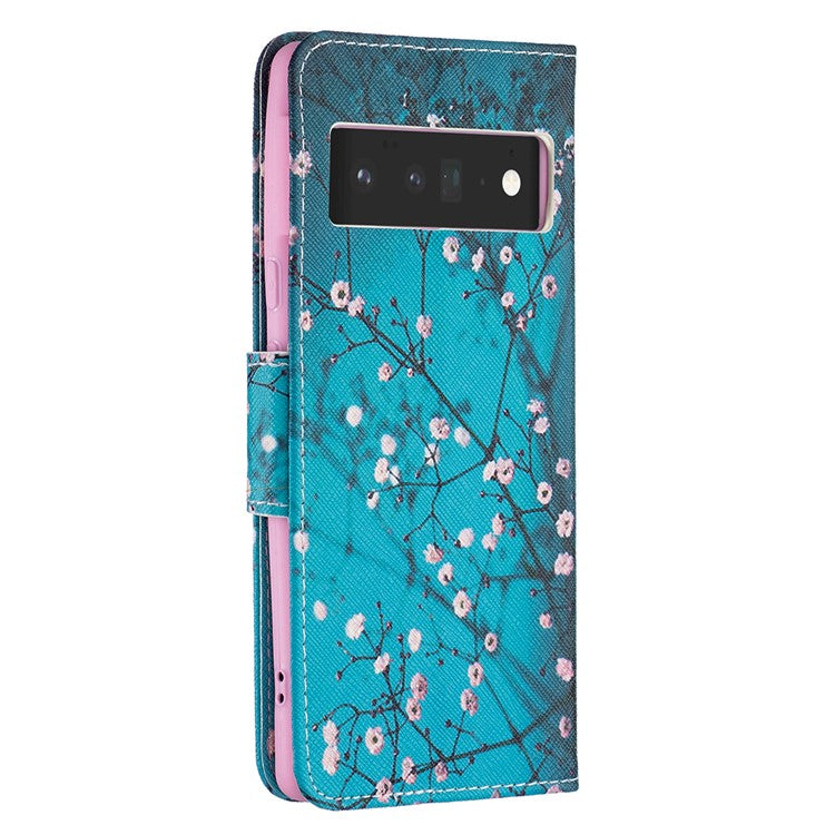 Pattern Printing PU Leather Wallet Case Magnetic Closure Shockproof TPU Inner Flip Stand Cover for Google Pixel 6 Pro - Plum Blossom