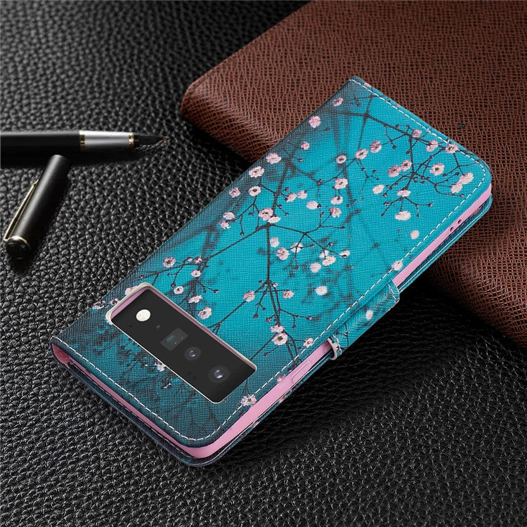 Pattern Printing PU Leather Wallet Case Magnetic Closure Shockproof TPU Inner Flip Stand Cover for Google Pixel 6 Pro - Plum Blossom