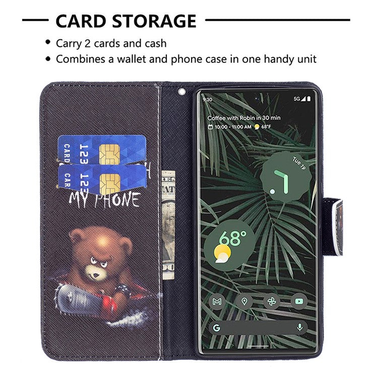 Pattern Printing PU Leather Wallet Case Magnetic Closure Shockproof TPU Inner Flip Stand Cover for Google Pixel 6 Pro - Bear