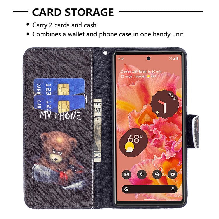 Pattern Printing PU Leather Wallet Folio Flip Cover Shockproof TPU Interior Stand Case for Google Pixel 6 - Bear