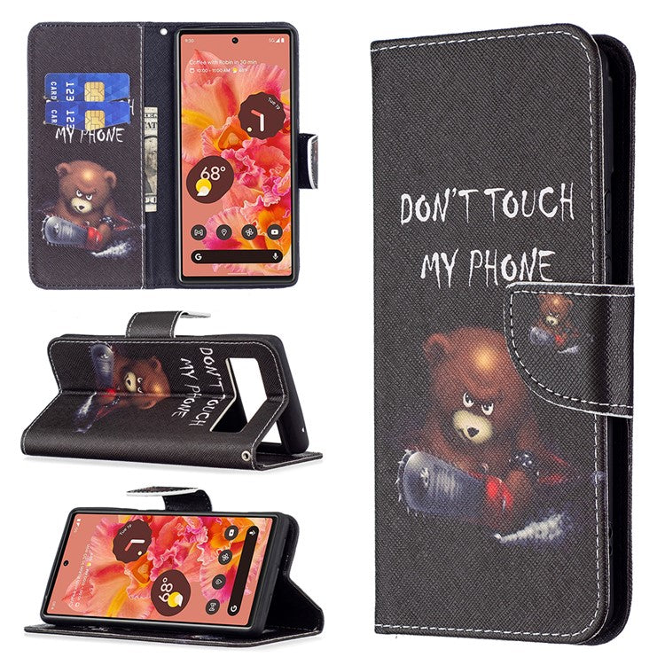 Pattern Printing PU Leather Wallet Folio Flip Cover Shockproof TPU Interior Stand Case for Google Pixel 6 - Bear