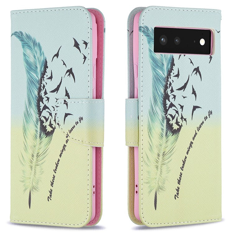 Pattern Printing PU Leather Wallet Folio Flip Cover Shockproof TPU Interior Stand Case for Google Pixel 6 - Feather and Birds