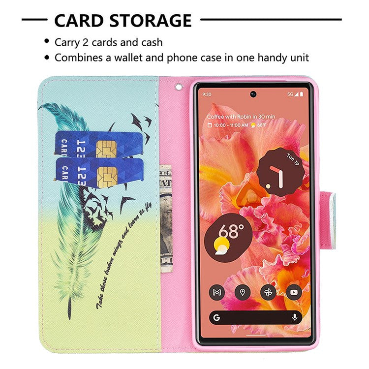 Pattern Printing PU Leather Wallet Folio Flip Cover Shockproof TPU Interior Stand Case for Google Pixel 6 - Feather and Birds