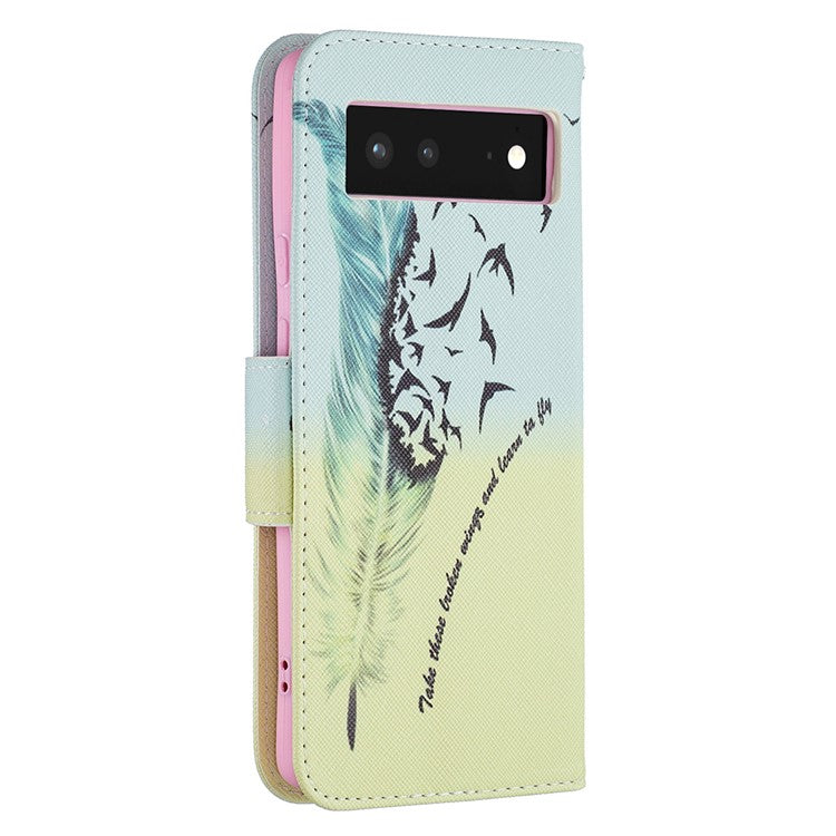 Pattern Printing PU Leather Wallet Folio Flip Cover Shockproof TPU Interior Stand Case for Google Pixel 6 - Feather and Birds