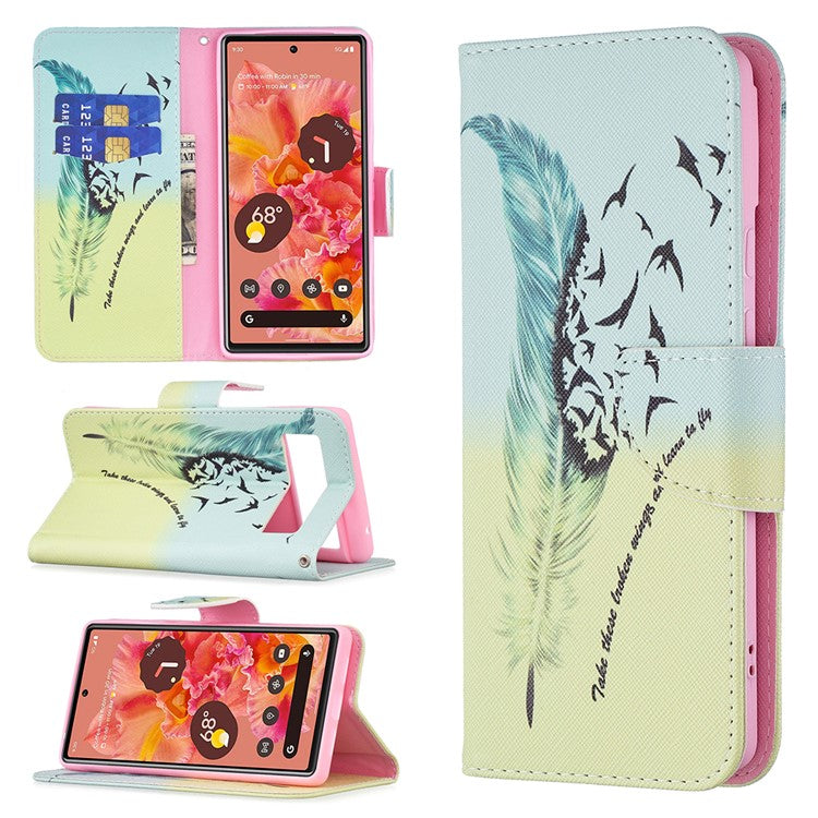 Pattern Printing PU Leather Wallet Folio Flip Cover Shockproof TPU Interior Stand Case for Google Pixel 6 - Feather and Birds