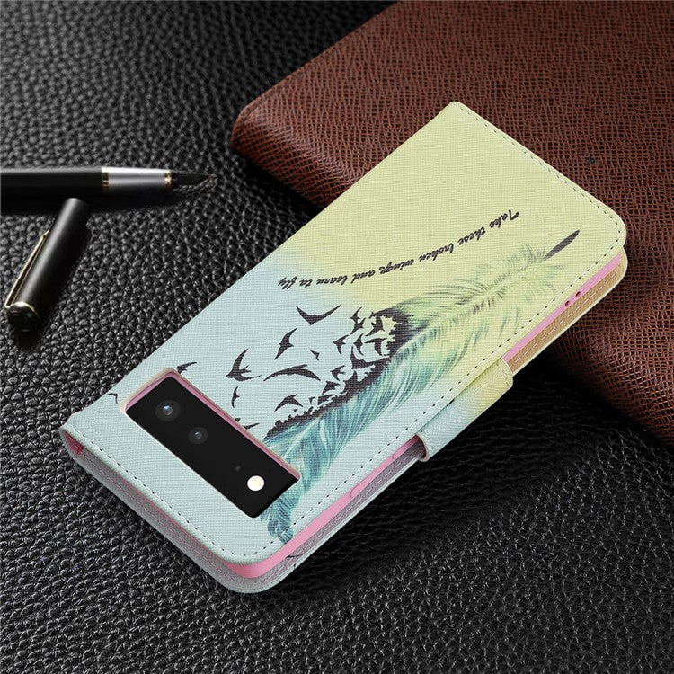 Pattern Printing PU Leather Wallet Folio Flip Cover Shockproof TPU Interior Stand Case for Google Pixel 6 - Feather and Birds