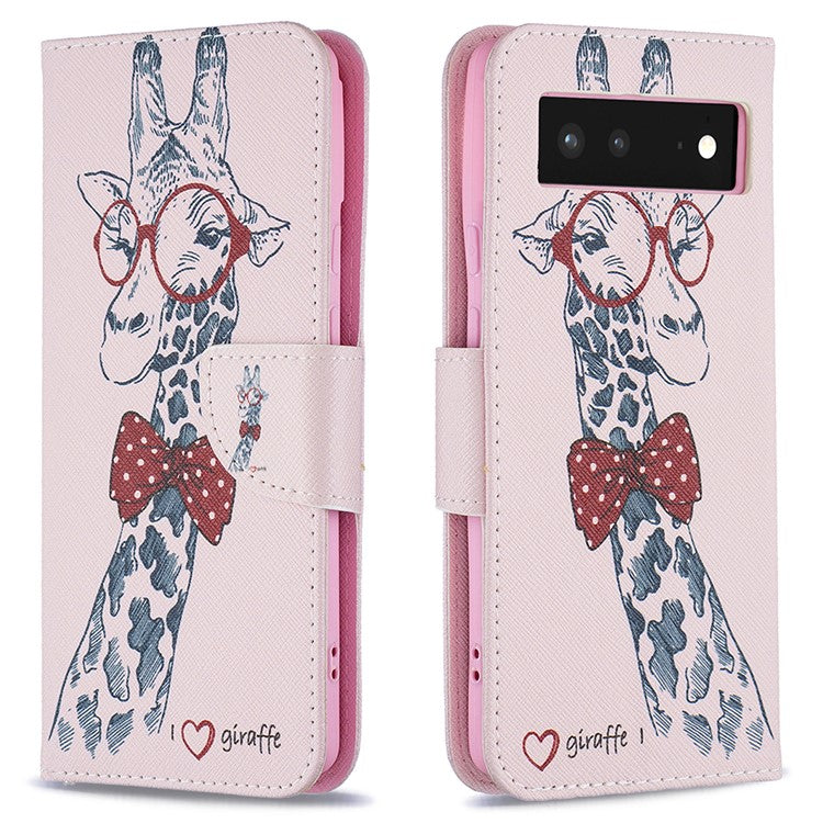 Pattern Printing PU Leather Wallet Folio Flip Cover Shockproof TPU Interior Stand Case for Google Pixel 6 - Giraffe