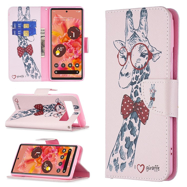 Pattern Printing PU Leather Wallet Folio Flip Cover Shockproof TPU Interior Stand Case for Google Pixel 6 - Giraffe