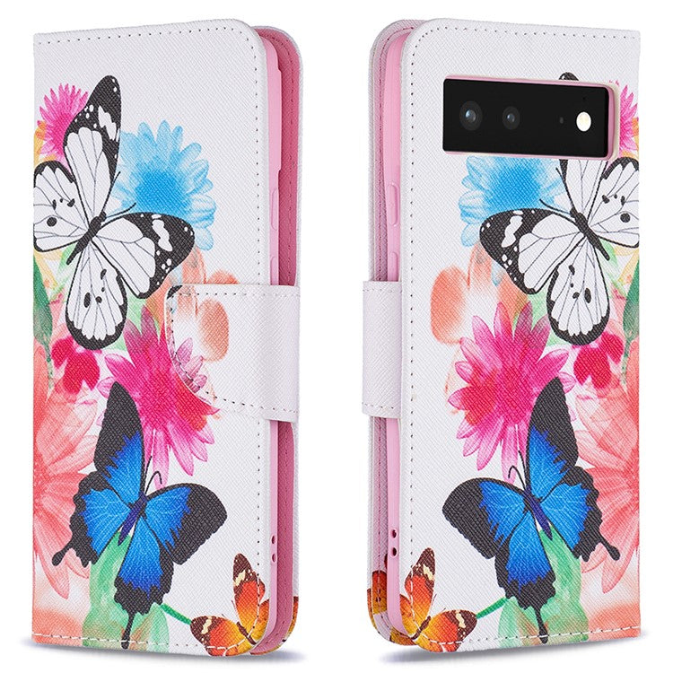 Pattern Printing PU Leather Wallet Folio Flip Cover Shockproof TPU Interior Stand Case for Google Pixel 6 - Two Butterflies