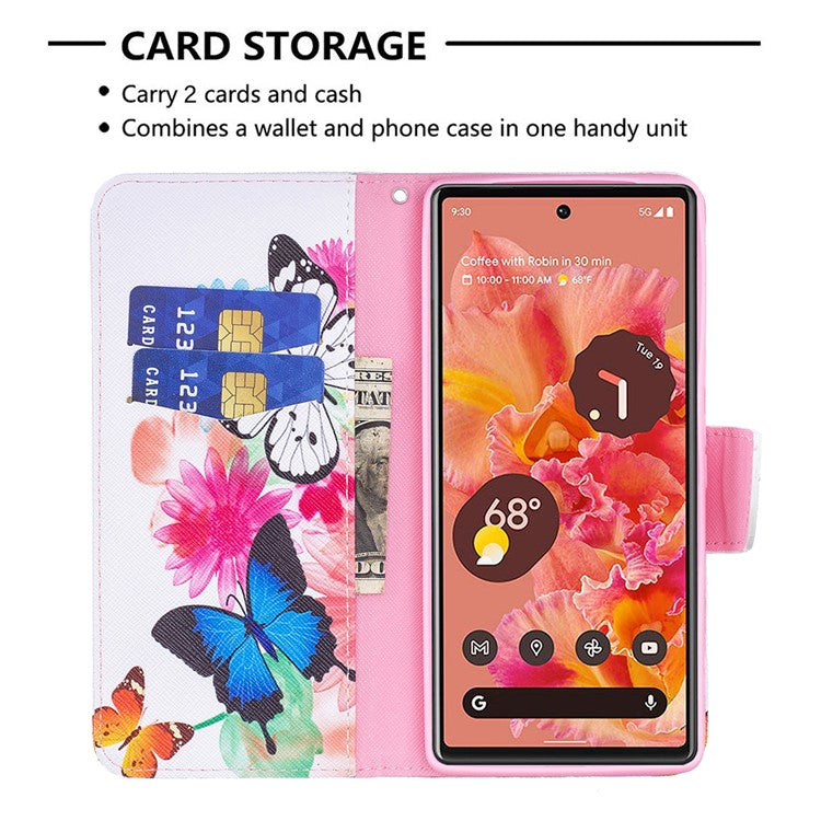 Pattern Printing PU Leather Wallet Folio Flip Cover Shockproof TPU Interior Stand Case for Google Pixel 6 - Two Butterflies