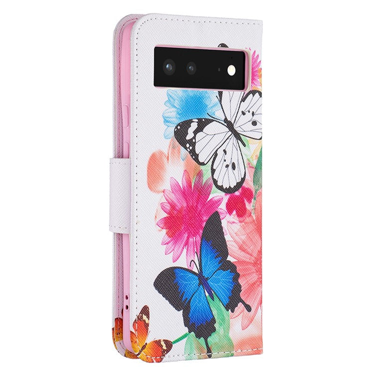 Pattern Printing PU Leather Wallet Folio Flip Cover Shockproof TPU Interior Stand Case for Google Pixel 6 - Two Butterflies