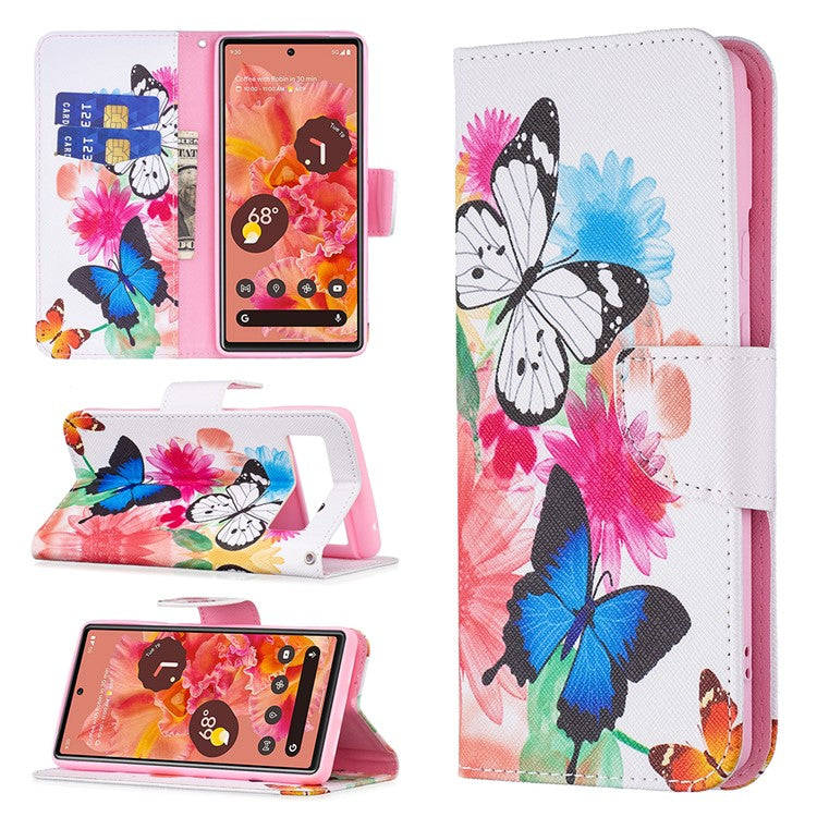 Pattern Printing PU Leather Wallet Folio Flip Cover Shockproof TPU Interior Stand Case for Google Pixel 6 - Two Butterflies