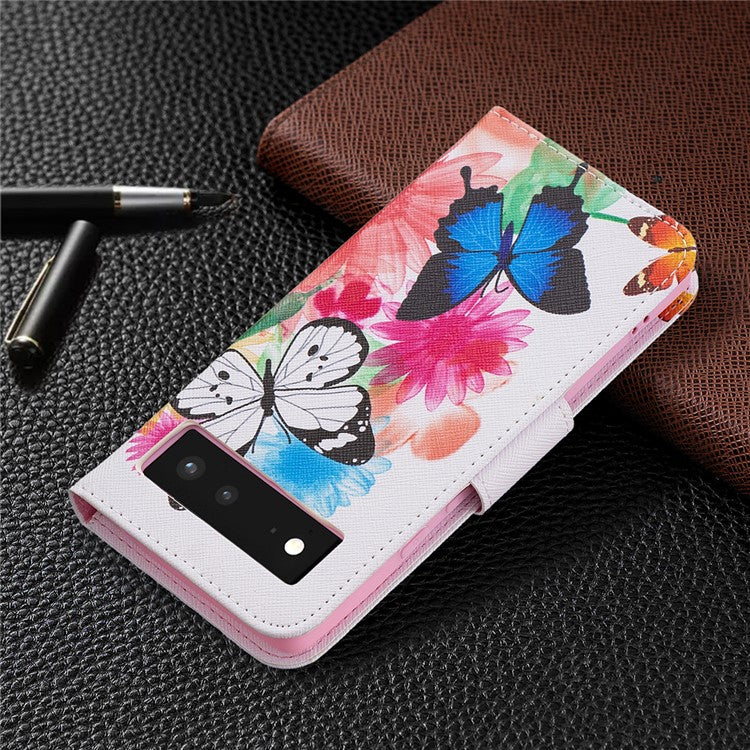 Pattern Printing PU Leather Wallet Folio Flip Cover Shockproof TPU Interior Stand Case for Google Pixel 6 - Two Butterflies